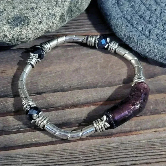 Handcrafted Edgy Silver Purple Lavender Foil Glass Metal and Crystal Stretch Bra - Picture 3 of 6